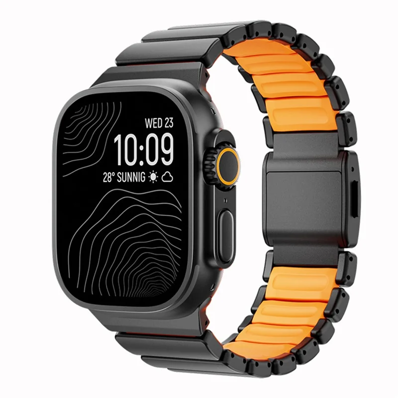 Magnetic Buckle Strap for Apple Watch Ultra 3 2 1 49mm  /  Series 11 10 46mm  /  9 8 7 45mm  /  SE3 SE2 SE 6 5 4 44mm  /  3 2 1 42mm Metal Watch Band - Black / Orange
