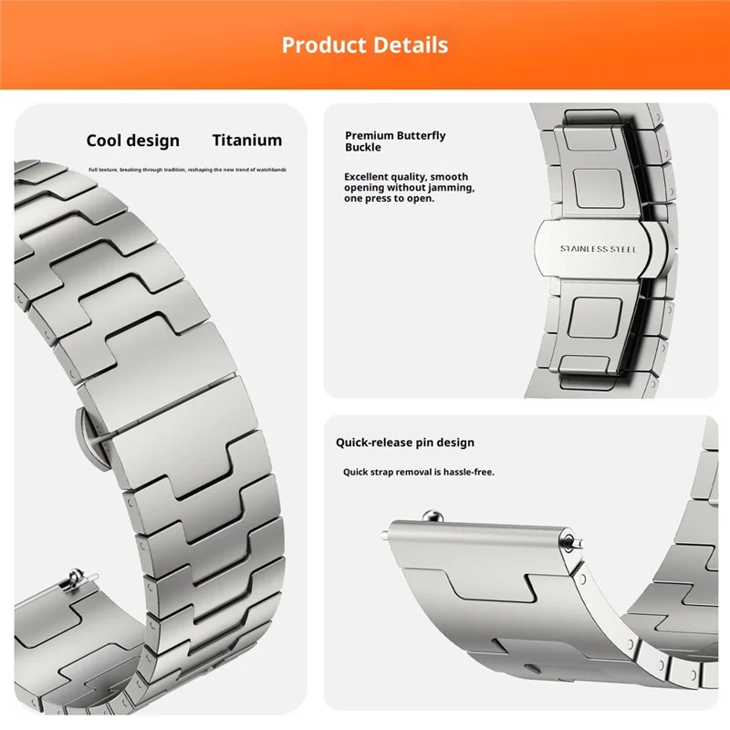Cinturino per Huawei Watch GT 6 46mm / GT 6 Pro 46mm / GT 5 46mm Fascia in Lega di Titanio Tipo H con Chiusura a Farfalla - Titanio