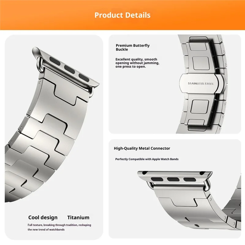 Watch Strap For Apple Watch Series 11 10 42mm / 9 8 7 41mm / SE3 SE2 SE 6 5 4 40mm / 3 2 1 38mm H-Type Titanium Alloy Band with Butterfly Clasp - Titanium