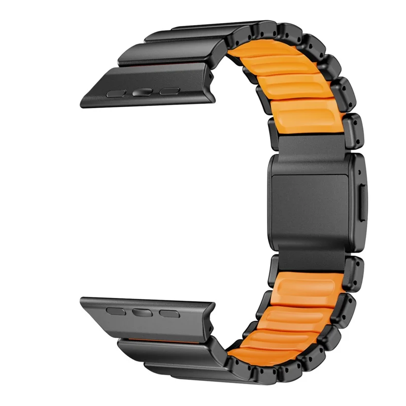 Watch Strap For Apple Watch Ultra 3 2 1 49mm / Series 11 10 46mm / 9 8 7 45mm / SE3 SE2 SE 6 5 4 44mm / 3 2 1 42mm , 1-Bead Stainless Steel Band with Magnetic Buckle - Black + Orange