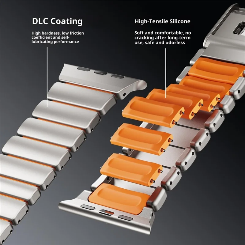 Watch Strap For Apple Watch Ultra 3 2 1 49mm / Series 11 10 46mm / 9 8 7 45mm / SE3 SE2 SE 6 5 4 44mm / 3 2 1 42mm , 1-Bead Stainless Steel Band with Magnetic Buckle - Black + Orange