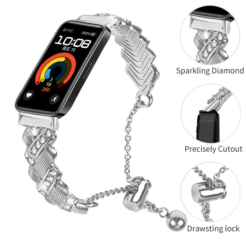 Cinturino per Huawei Band 10 / 9 / 8, Cinturino con chiusura a cordoncino in lega di zinco con decorazione di strass - Argento
