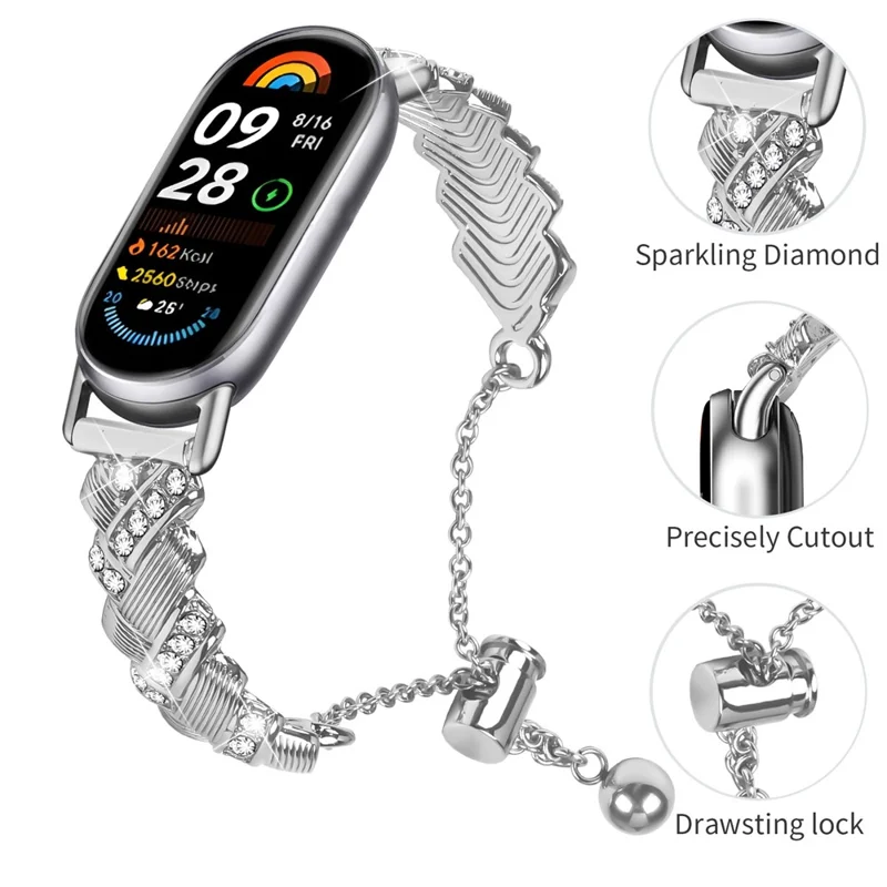 Pulseira para Xiaomi Smart Band 10 / 9 / 8, Pulseira de Bracelete com Decoração de Strass de Liga de Zinco - Prata