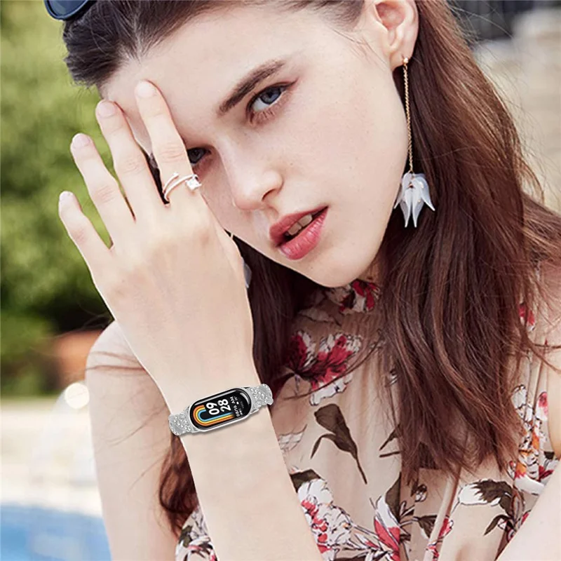 Pulseira para Xiaomi Smart Band 10 / 9 / 8, Pulseira de Bracelete com Decoração de Strass de Liga de Zinco - Prata