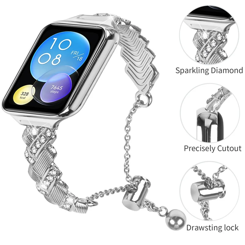 For Xiaomi Smart Band 9 Pro / 8 Pro Strap Drawstring Lock Zinc Alloy Rhinestone Decor Bracelet Watch Band - Silver