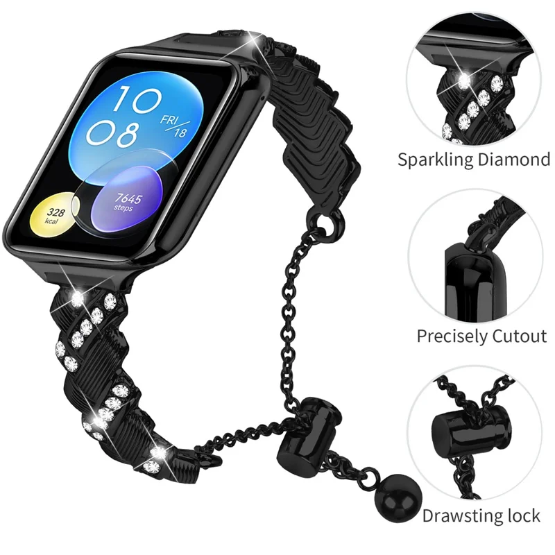 For Xiaomi Smart Band 9 Pro / 8 Pro Strap Drawstring Lock Electroplated Zinc Alloy Rhinestone Decor Bracelet Watch Band - Black