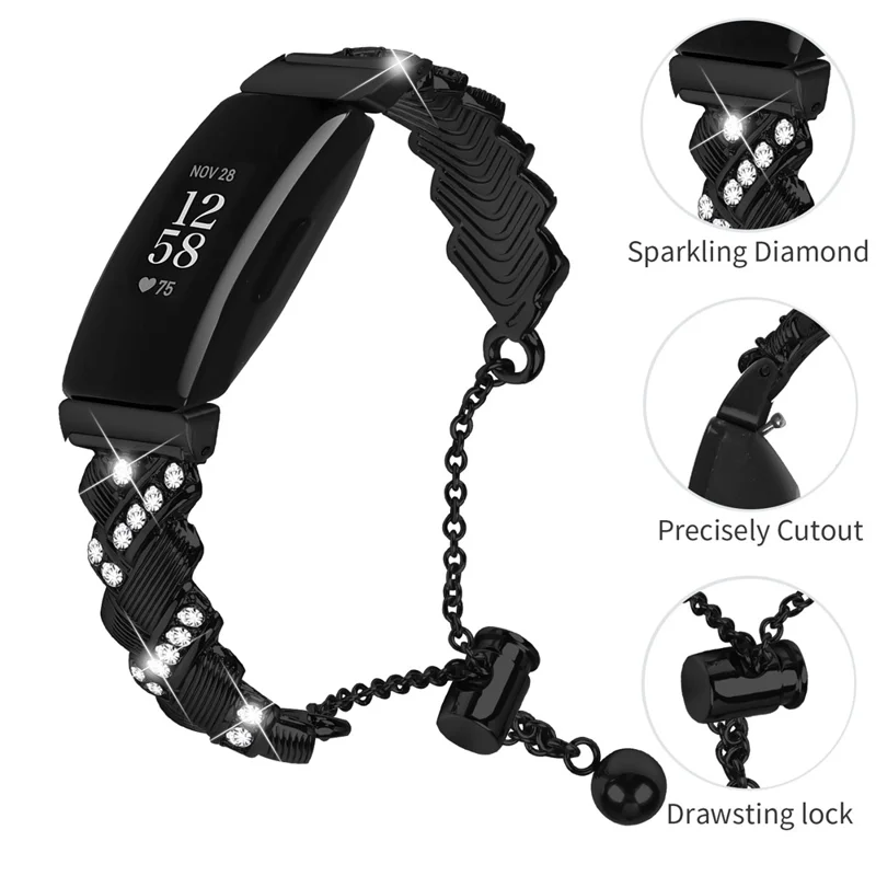 Watch Band For Fitbit Inspire / Inspire 2 / Inspire HR , Drawstring Lock Electroplated Zinc Alloy Rhinestone Decor Bracelet Strap - Black