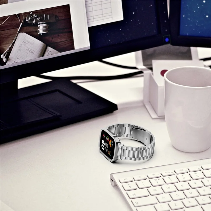 For Xiaomi Redmi Watch 5 Band 3-Bead Stainless Steel Watch Strap with Frame Cover - Black