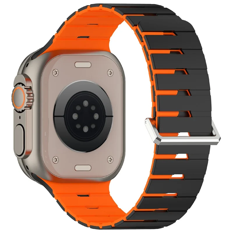 Harmonica Design Silicone Strap for Apple Watch Series 11 10 42mm / 9 8 7 41mm / SE3 SE2 SE 6 5 4 40mm / 3 2 1 38mm Dual Color Magnetic Watch Band - Preto / Laranja