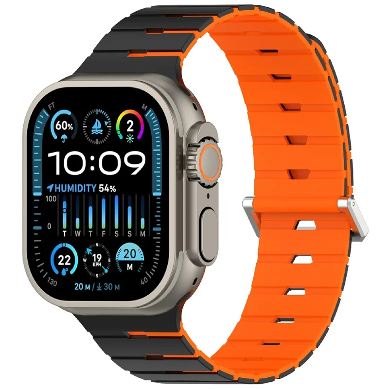 Harmonica Design Silicone Strap for Apple Watch Series 11 10 42mm / 9 8 7 41mm / SE3 SE2 SE 6 5 4 40mm / 3 2 1 38mm Dual Color Magnetic Watch Band - Preto / Laranja