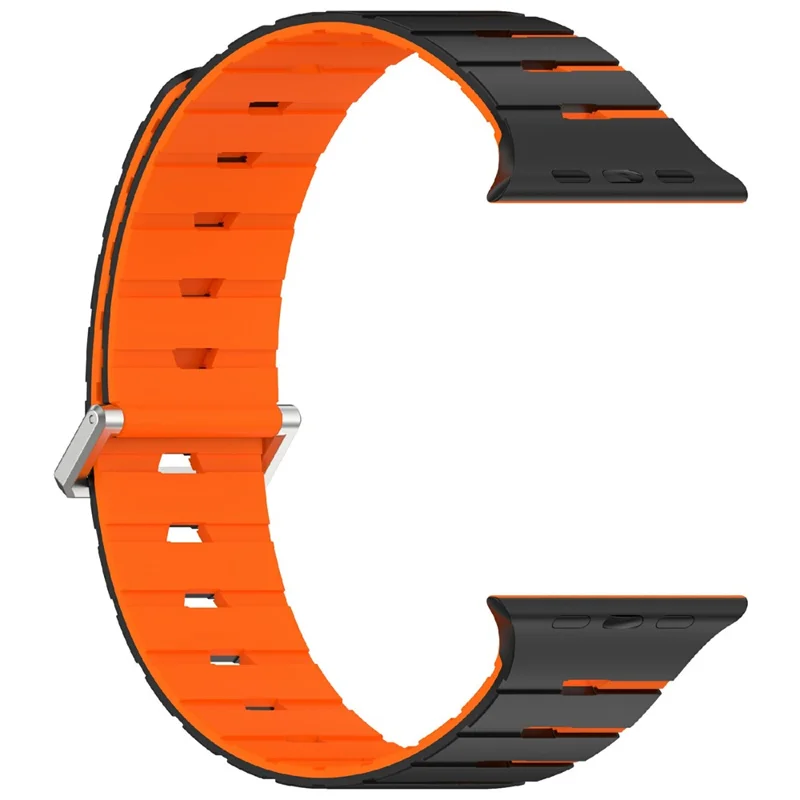Harmonica Design Silicone Strap for Apple Watch Series 11 10 42mm / 9 8 7 41mm / SE3 SE2 SE 6 5 4 40mm / 3 2 1 38mm Dual Color Magnetic Watch Band - Preto / Laranja