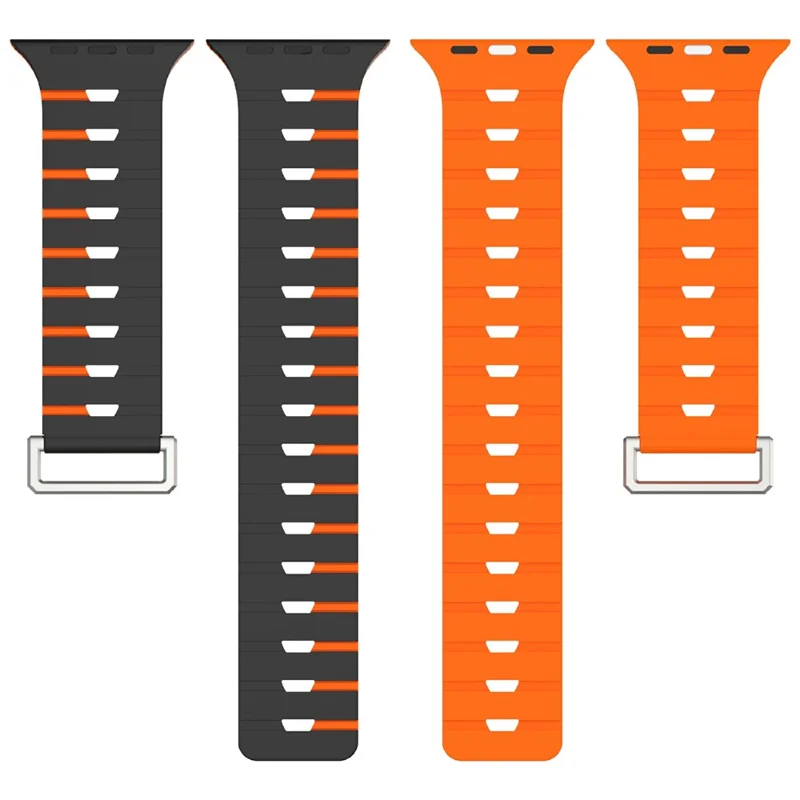 Harmonica Design Silicone Strap for Apple Watch Series 11 10 42mm / 9 8 7 41mm / SE3 SE2 SE 6 5 4 40mm / 3 2 1 38mm Dual Color Magnetic Watch Band - Preto / Laranja