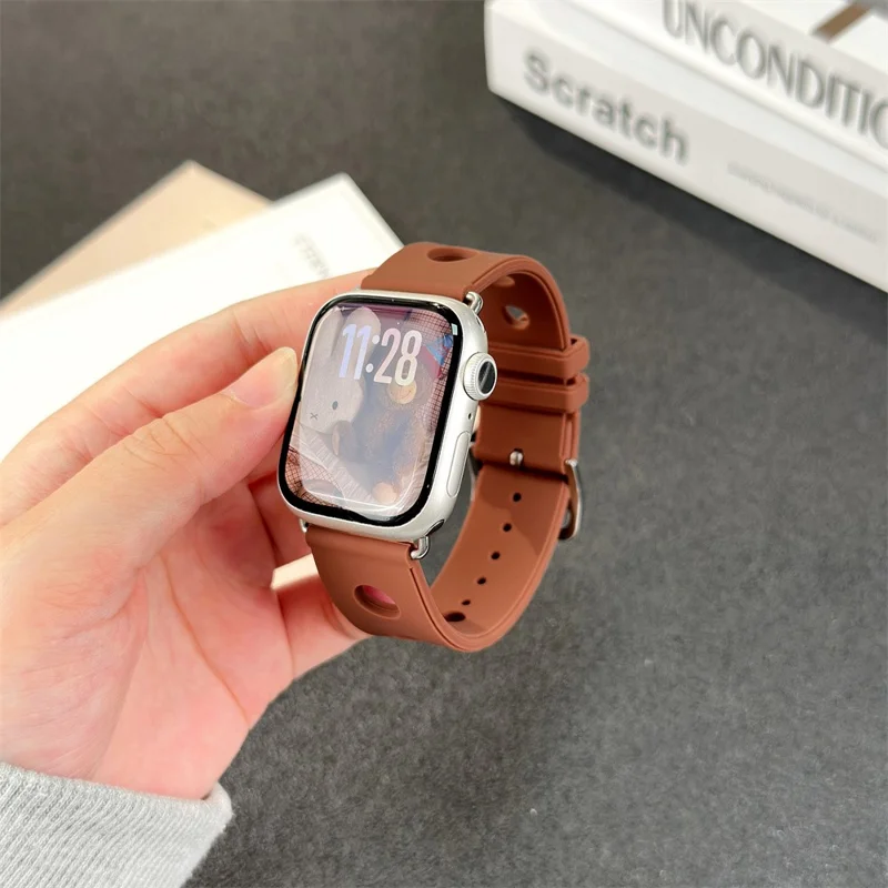 Bracelet de montre en silicone pour Apple Watch Série 10 9 8 7 SE 6 5 4 3 2 1 42mm 41mm 40mm 38mm - Marron