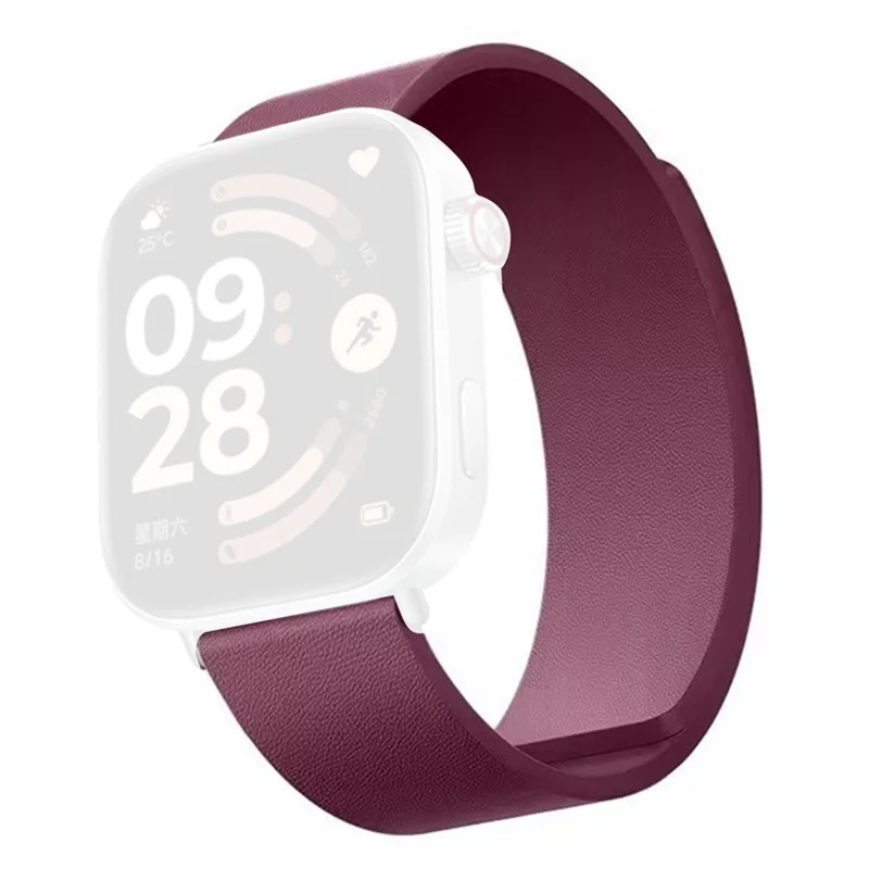Magnetic Strap for Xiaomi Redmi Watch 6 / 5 / 4 / Smart Band 8 Pro / 9 Pro Top Layer Cowhide Leather Watch Band - Raspberry