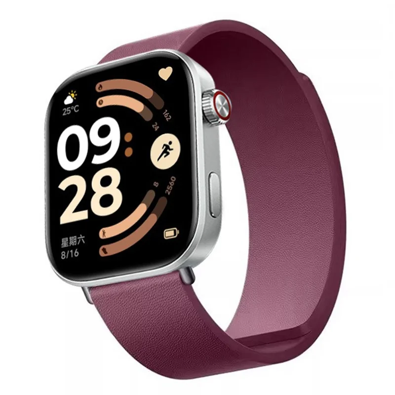 Magnetic Strap for Xiaomi Redmi Watch 6 / 5 / 4 / Smart Band 8 Pro / 9 Pro Top Layer Cowhide Leather Watch Band - Raspberry