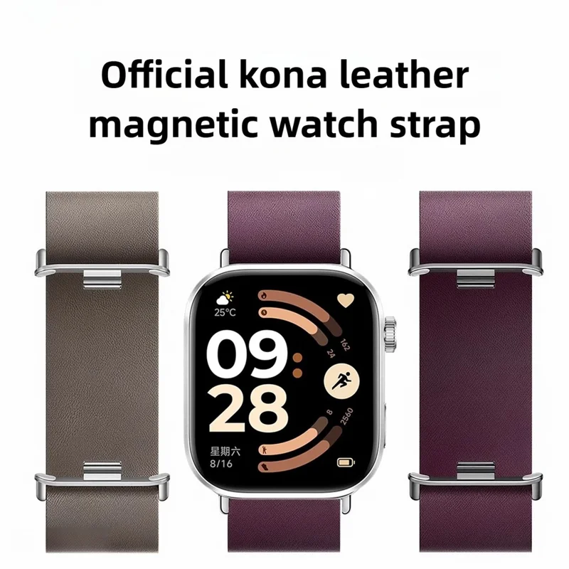 Magnetic Strap for Xiaomi Redmi Watch 6 / 5 / 4 / Smart Band 8 Pro / 9 Pro Top Layer Cowhide Leather Watch Band - Raspberry