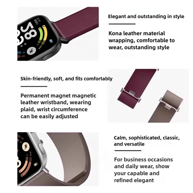 Magnetic Strap for Xiaomi Redmi Watch 6 / 5 / 4 / Smart Band 8 Pro / 9 Pro Top Layer Cowhide Leather Watch Band - Raspberry