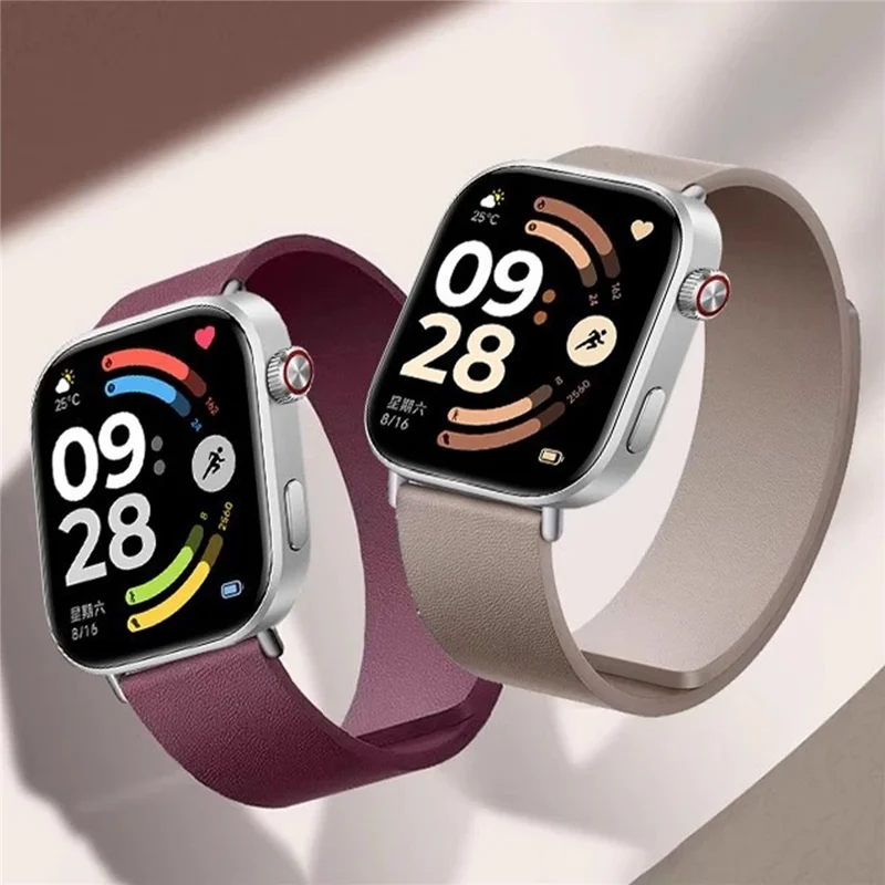 Magnetic Strap for Xiaomi Redmi Watch 6 / 5 / 4 / Smart Band 8 Pro / 9 Pro Top Layer Cowhide Leather Watch Band - Raspberry