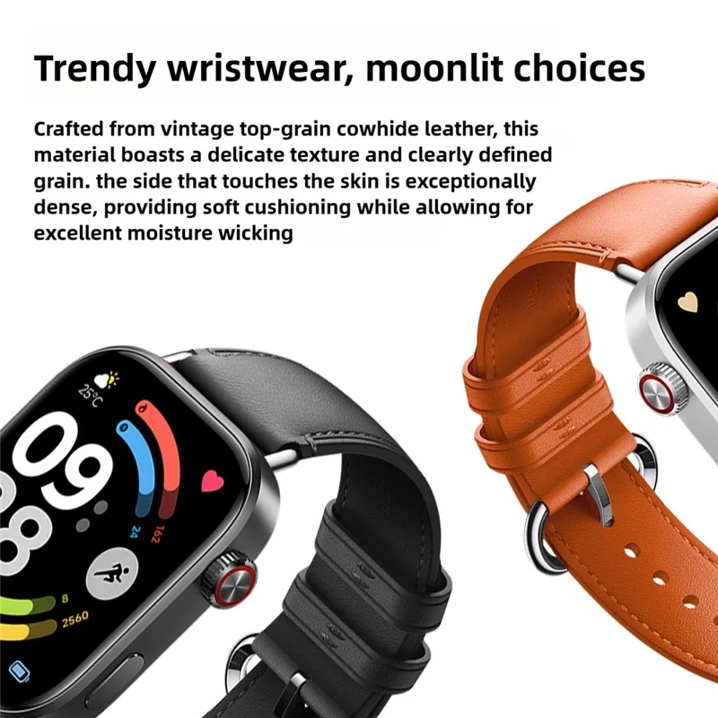 Genuine Leather Strap for Xiaomi Redmi Watch 6 / 5 / 4 / Smart Band 8 Pro / 9 Pro Replacement Watch Band with Metal Buckle - Orange