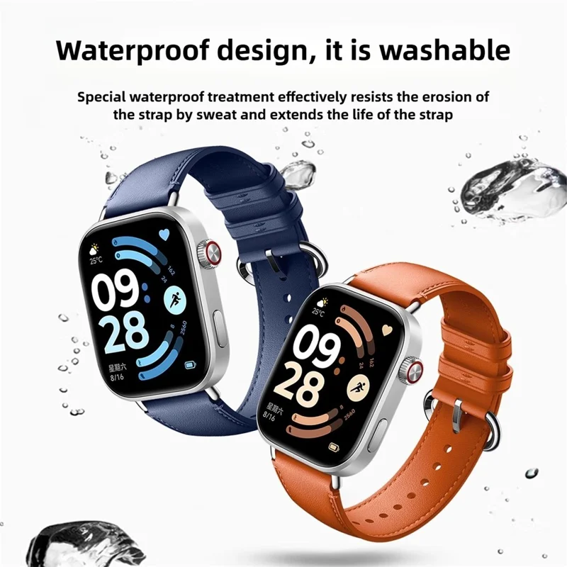 Genuine Leather Strap for Xiaomi Redmi Watch 6 / 5 / 4 / Smart Band 8 Pro / 9 Pro Replacement Watch Band with Metal Buckle - Orange