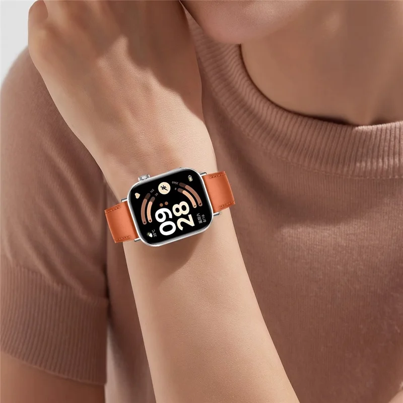Genuine Leather Strap for Xiaomi Redmi Watch 6 / 5 / 4 / Smart Band 8 Pro / 9 Pro Replacement Watch Band with Metal Buckle - Orange