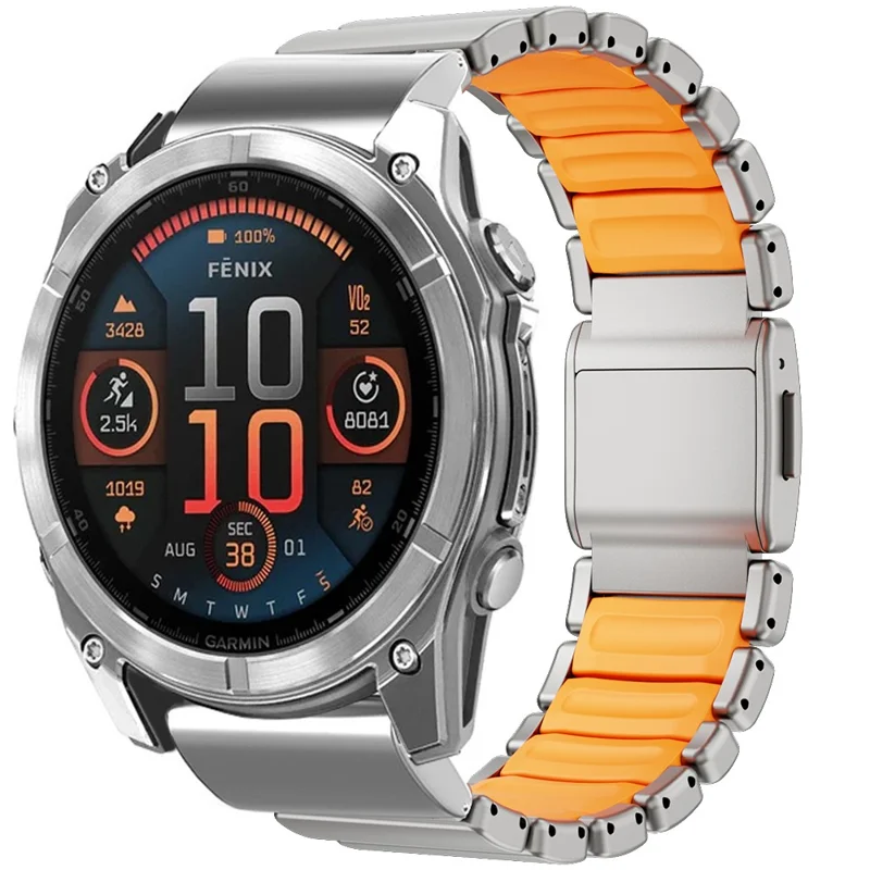 26mm 1-Bead Watch Strap For Garmin Fenix 8 Pro AMOLED 51mm / 8 51mm / Enduro 3 / Enduro 2 Titanium Alloy Band with Magnetic Buckle - Titanium / Orange