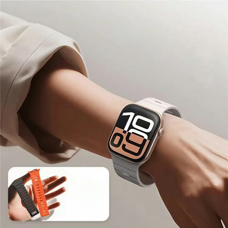 Pulseira de Relógio Magnética para Apple Watch Series 11 10 42mm / 9 8 7 41mm / SE3 SE2 SE 6 5 4 40mm / 3 2 1 38mm Pulseira de Silicone Dupla Cor - Cinza Claro / Preto