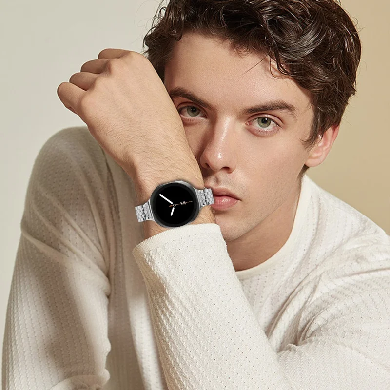 Slim 5-Bead Watch Band for Samsung Galaxy Watch8 44mm / 40mm / 8 Classic 46mm Stainless Steel Silver Strap