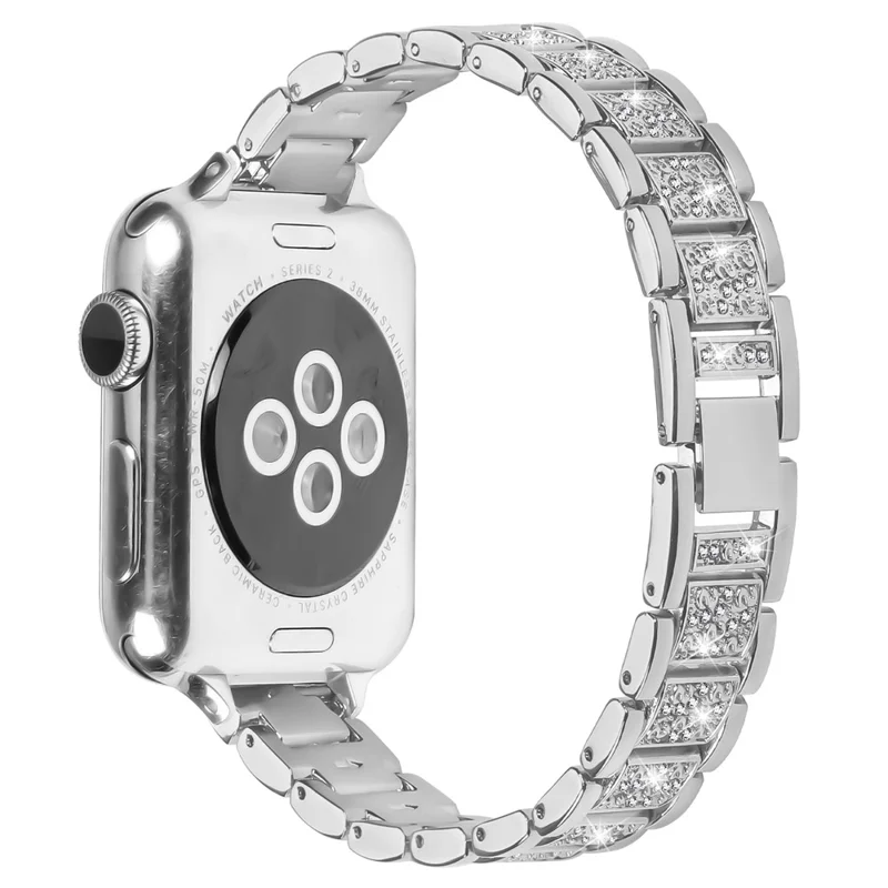 Pulseira de Banda Fina de Liga de Zinco para Apple Watch Series 11 10 42mm / 9 8 7 41mm / SE3 SE2 SE 6 5 4 40mm / 3 2 1 38mm Smart Watch Prata com Decoração de Strass