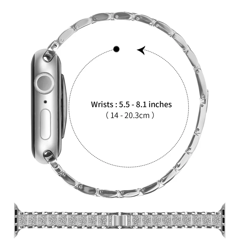 Pulseira de Banda Fina de Liga de Zinco para Apple Watch Series 11 10 42mm / 9 8 7 41mm / SE3 SE2 SE 6 5 4 40mm / 3 2 1 38mm Smart Watch Prata com Decoração de Strass
