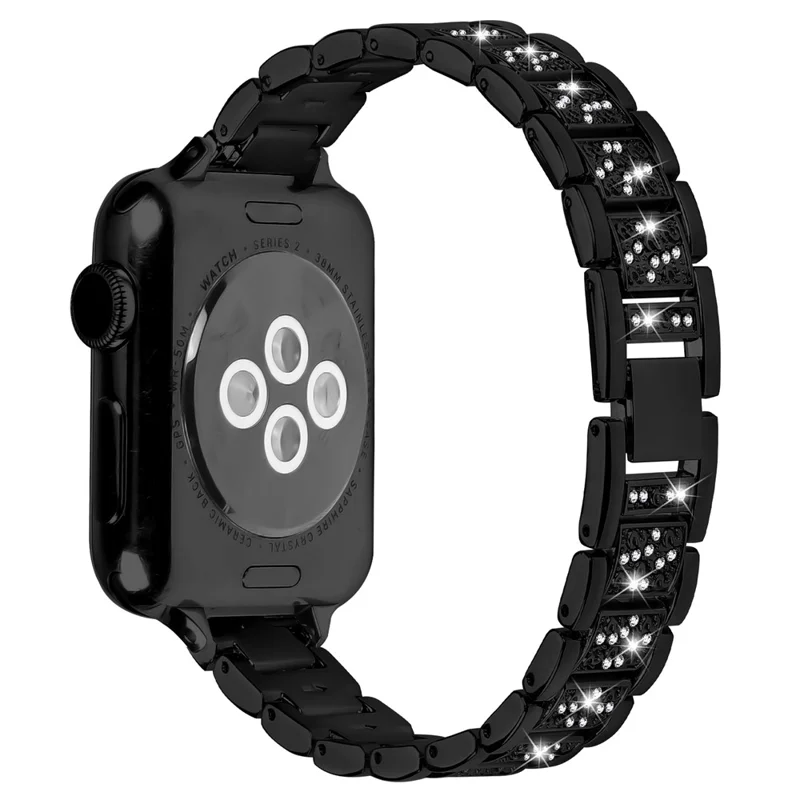 Pulseira Fina Eletrodepositada para Apple Watch Series 11 10 42mm / 9 8 7 41mm / SE3 SE2 SE 6 5 4 40mm / 3 2 1 38mm com Decoração de Strass - Preto