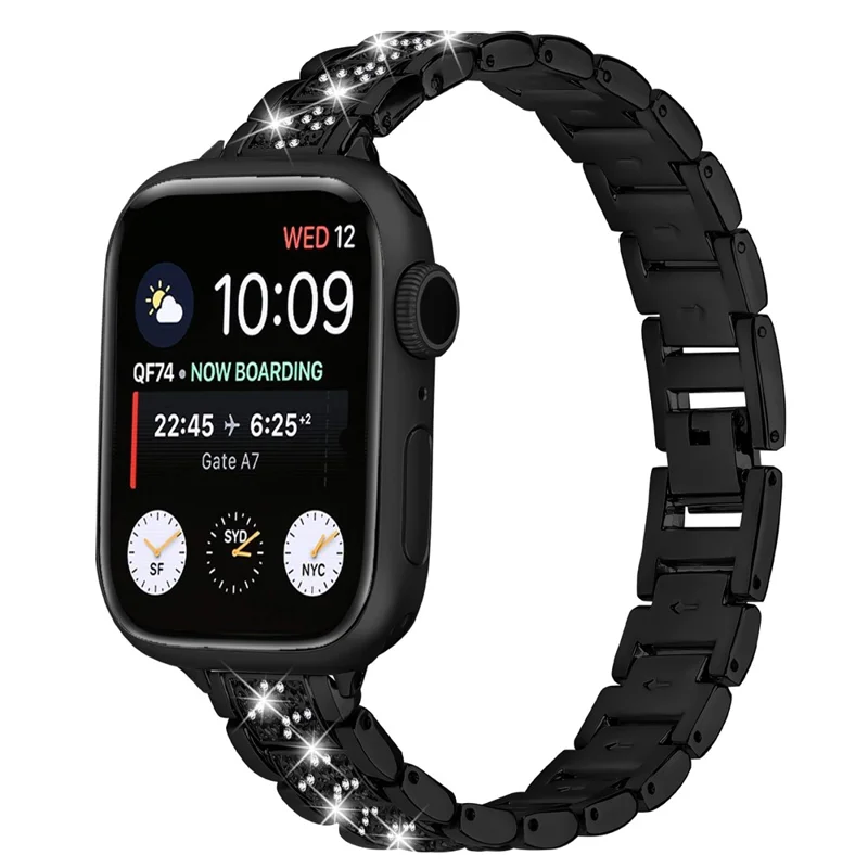 Pulseira Fina Eletrodepositada para Apple Watch Series 11 10 42mm / 9 8 7 41mm / SE3 SE2 SE 6 5 4 40mm / 3 2 1 38mm com Decoração de Strass - Preto