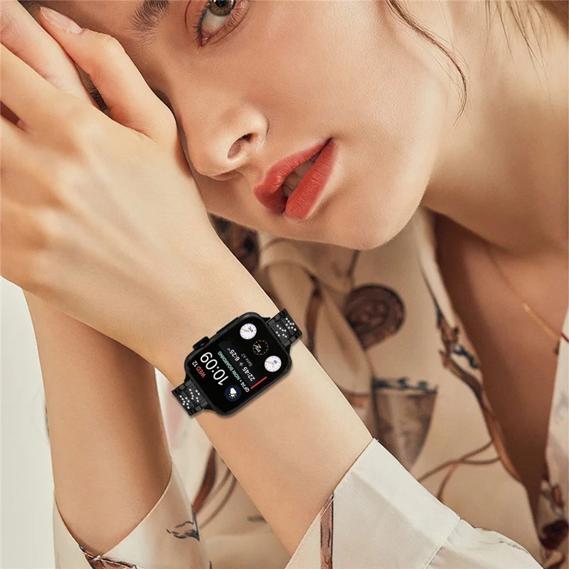 Pulseira Fina Eletrodepositada para Apple Watch Series 11 10 42mm / 9 8 7 41mm / SE3 SE2 SE 6 5 4 40mm / 3 2 1 38mm com Decoração de Strass - Preto