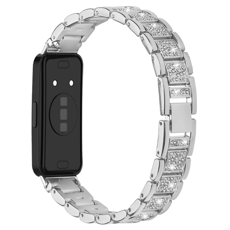 Zinc Alloy Slim Band for Huawei Band 10 / 9 / 8 Smart Watch Silver Strap with Rhinestones Decor