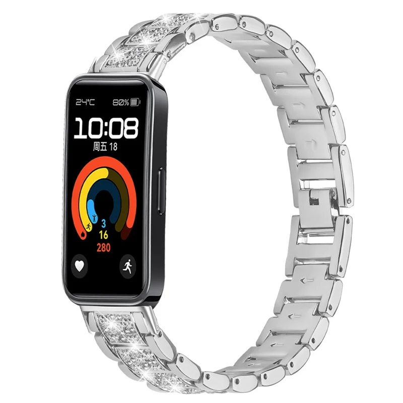 Zinc Alloy Slim Band for Huawei Band 10 / 9 / 8 Smart Watch Silver Strap with Rhinestones Decor