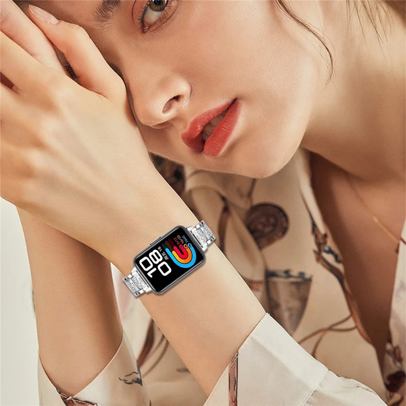 Zinc Alloy Slim Band for Huawei Band 10 / 9 / 8 Smart Watch Silver Strap with Rhinestones Decor