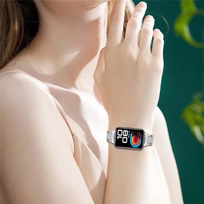 Zinc Alloy Slim Band for Huawei Band 10 / 9 / 8 Smart Watch Silver Strap with Rhinestones Decor