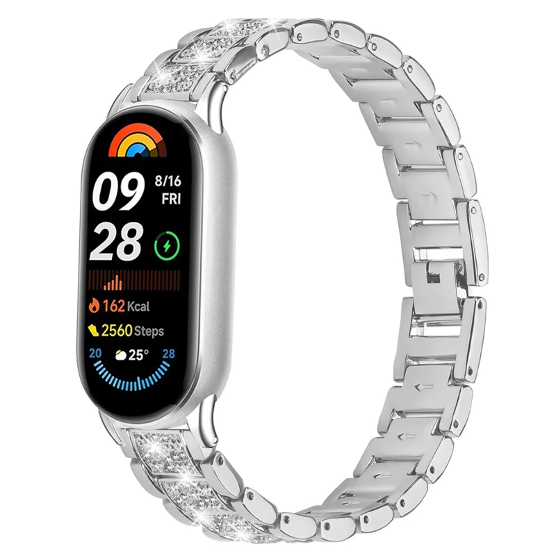 Zinc Alloy Slim Band for Xiaomi Smart Band 10 / 9 / 8 Smart Watch Silver Strap with Rhinestones Decor