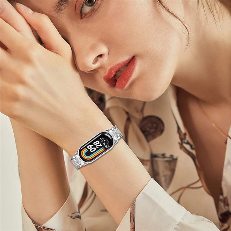 Zinc Alloy Slim Band for Xiaomi Smart Band 10 / 9 / 8 Smart Watch Silver Strap with Rhinestones Decor