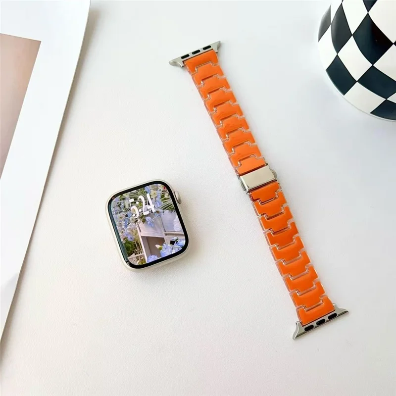 Дизайнерский ремешок для часов Apple Watch Ultra 3 2 1 49 мм / Series 11 10 46 мм / 9 8 7 45 мм / SE3 SE2 SE 6 5 4 44 мм / 3 2 1 42 мм Замена PC Strap с пряжкой из нержавеющей стали - Оранжевый