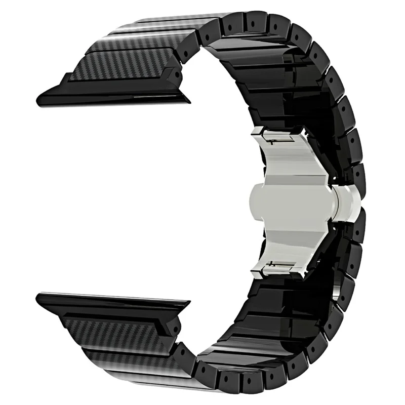 Bamboo Link Design PC Strap for Apple Watch Ultra 3 2 1 49mm  /  Series 11 10 46mm  /  9 8 7 45mm  /  SE3 SE2 SE 6 5 4 44mm  /  3 2 1 42mm Slim Watch Band with Stainless Steel Buckle - Black