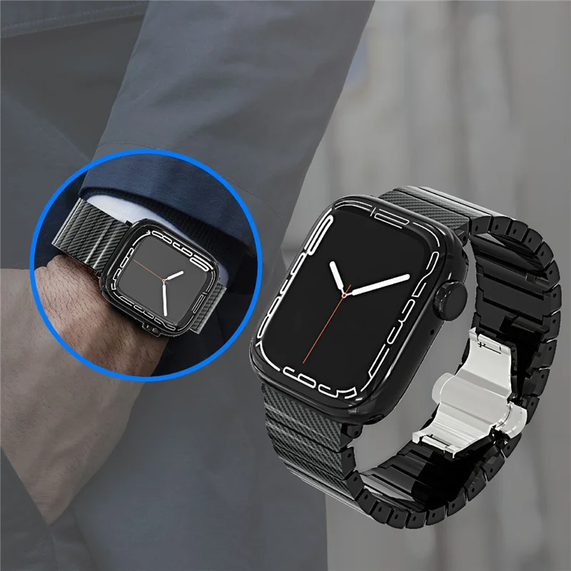 Bamboo Link Design PC Strap for Apple Watch Ultra 3 2 1 49mm  /  Series 11 10 46mm  /  9 8 7 45mm  /  SE3 SE2 SE 6 5 4 44mm  /  3 2 1 42mm Slim Watch Band with Stainless Steel Buckle - Black