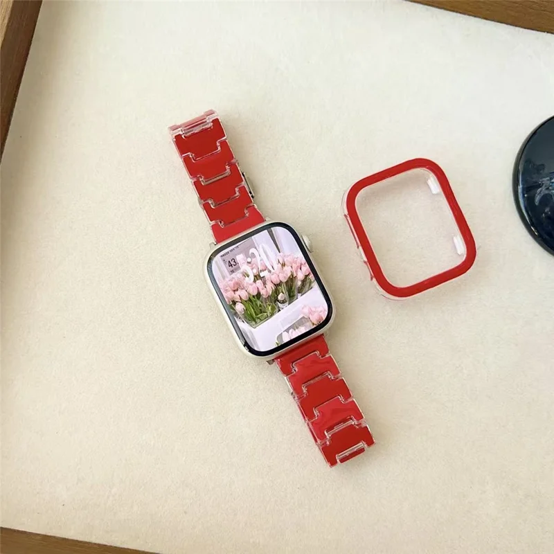 Glückliches Farbdesign PC-Band mit PC-Gehäuse für Apple Watch SE3 SE2 SE 6 5 4 44mm Metallschnalle Ersatz-Armband - Rot