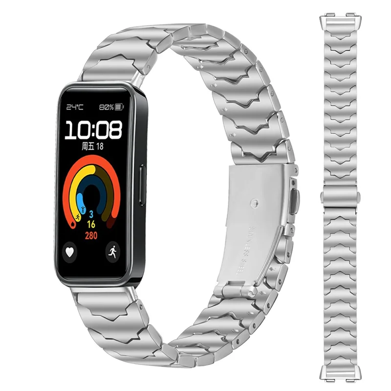 Bat Design Silver Watch Strap for Huawei Band 10 / 9 / 8 Stainless Steel Adjustable Band with Folding Clasp