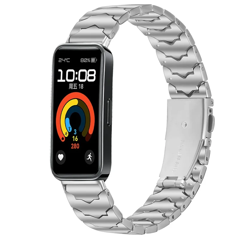 Bat Design Silver Watch Strap for Huawei Band 10 / 9 / 8 Stainless Steel Adjustable Band with Folding Clasp
