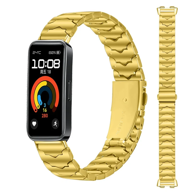 Bat Design Electroplate Color Watch Strap for Huawei Band 10 / 9 / 8 Stainless Steel Adjustable Band with Folding Clasp - Gold