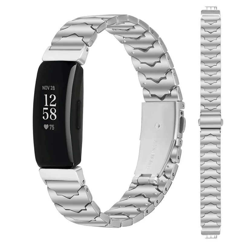 Bat Design Silver Watch Strap for Fitbit Inspire / Inspire 2 / Inspire HR Stainless Steel Adjustable Band with Folding Clasp