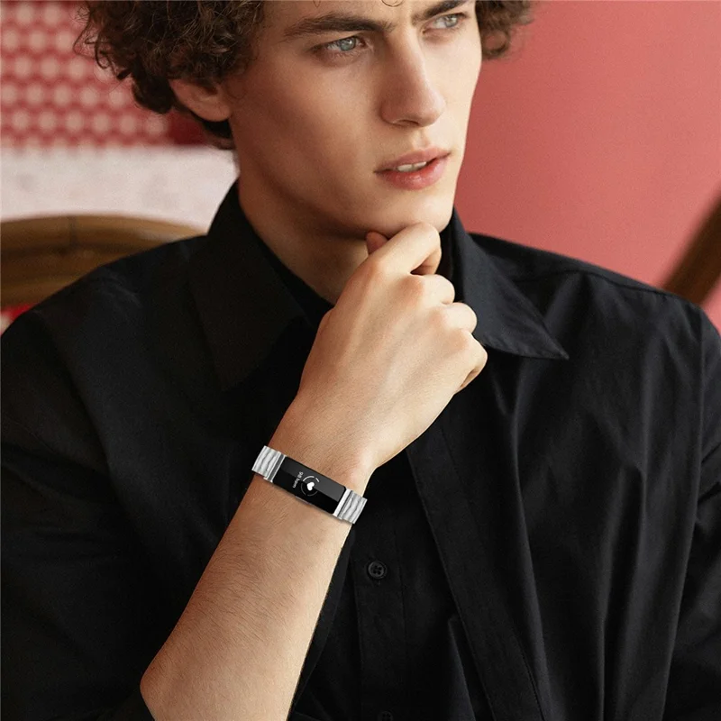 Bat Design Silver Watch Strap for Fitbit Inspire / Inspire 2 / Inspire HR Stainless Steel Adjustable Band with Folding Clasp