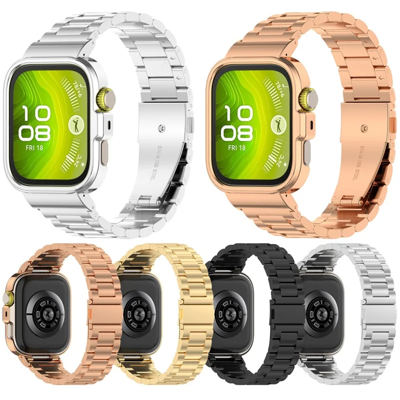 For Huawei Watch Fit 4 Pro Integrated Strap with Metal Frame 3-Link Stainless Steel Watch Band - Black