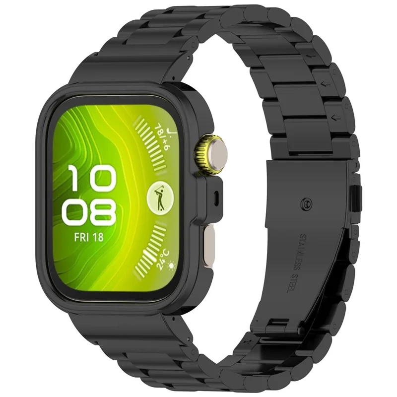 Voor Huawei Watch Fit 4 Geïntegreerd Bandje met Metalen Frame 3-Link RVS Horlogeband - Zwart